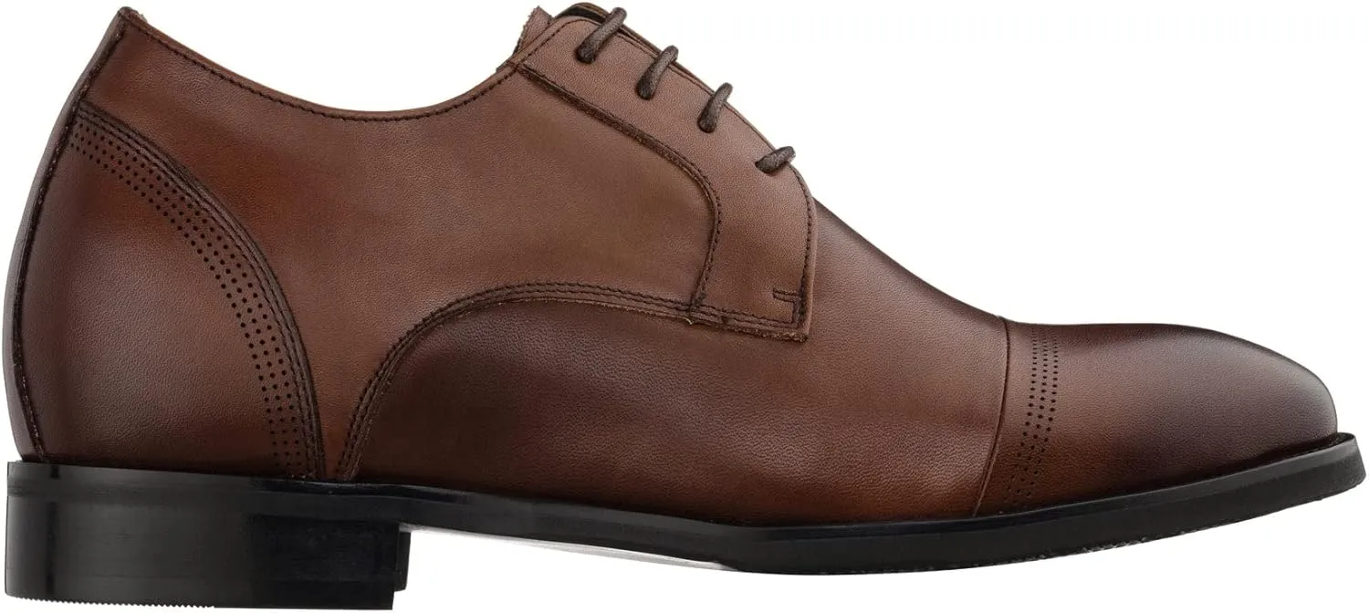 TOTO Men's Invisible Height Increasing Elevator Shoes - Dark Brown Premium Leather Lace-up Micro-Perforated Formal Derby Oxfords - 2.8 Inches Taller - K9278- Size 7.5 D(M) US