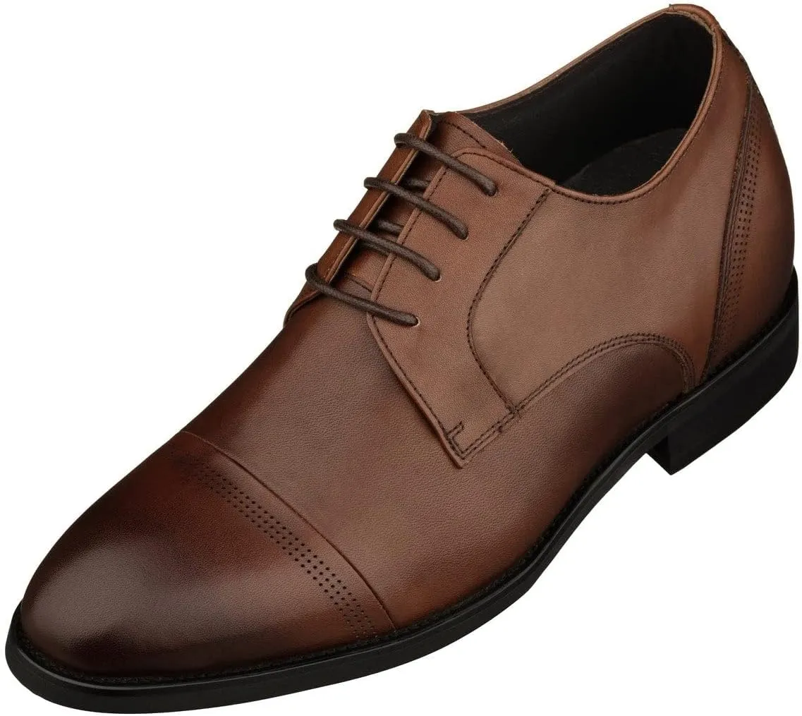 TOTO Men's Invisible Height Increasing Elevator Shoes - Dark Brown Premium Leather Lace-up Micro-Perforated Formal Derby Oxfords - 2.8 Inches Taller - K9278- Size 7.5 D(M) US