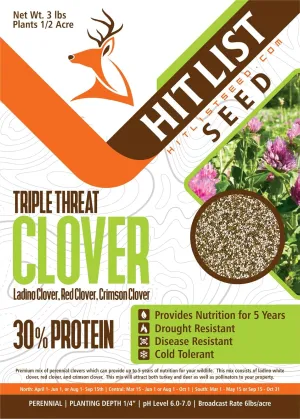 Triple Threat Clover Food Plot Seeds for Deer [Perennial] - Deer Food Plot Seed Perennial - Ladino/Red/Crimson Clover - Spring, Summer & Fall Planting - 3 lbs
