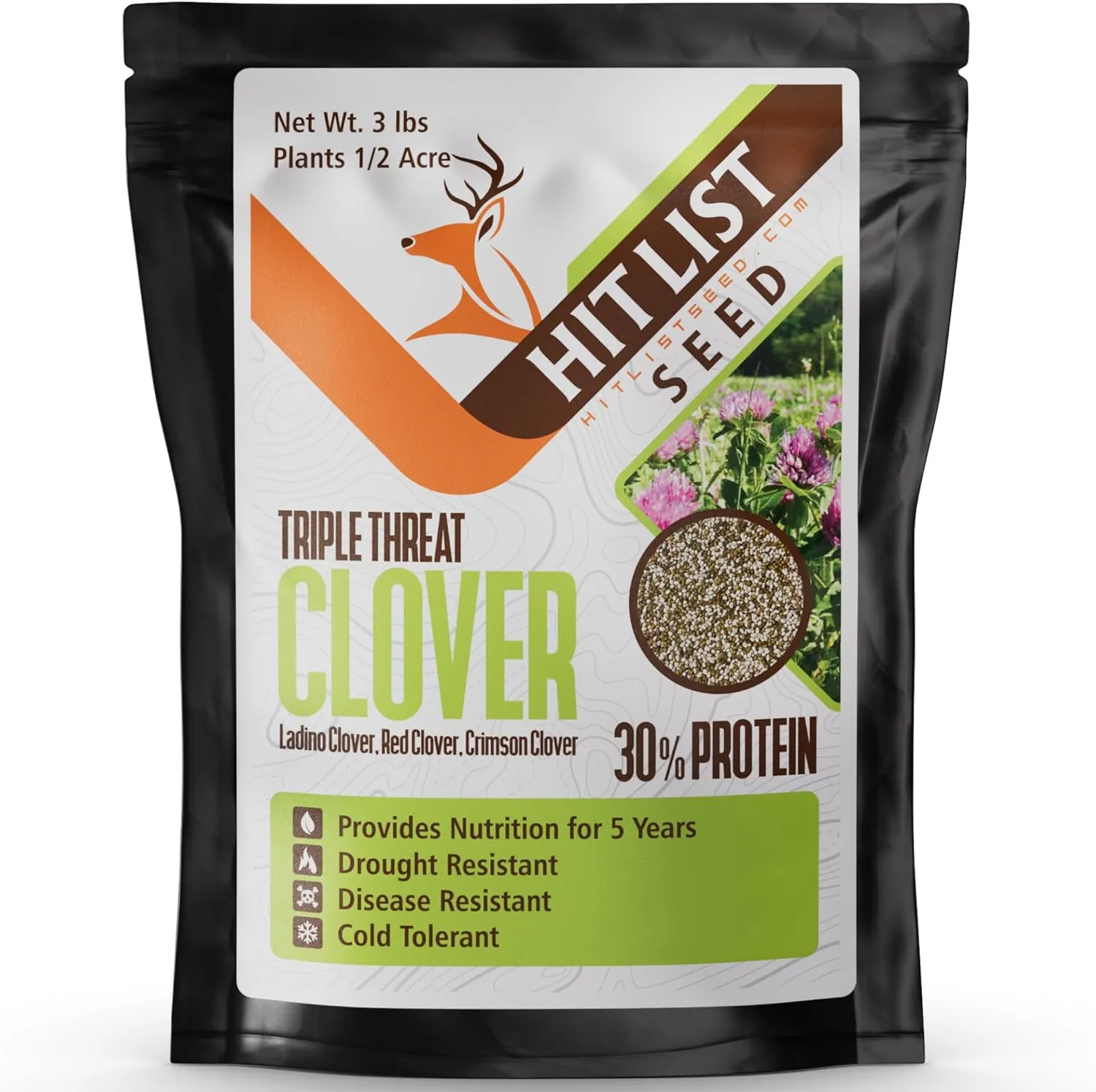 Triple Threat Clover Food Plot Seeds for Deer [Perennial] - Deer Food Plot Seed Perennial - Ladino/Red/Crimson Clover - Spring, Summer & Fall Planting - 3 lbs