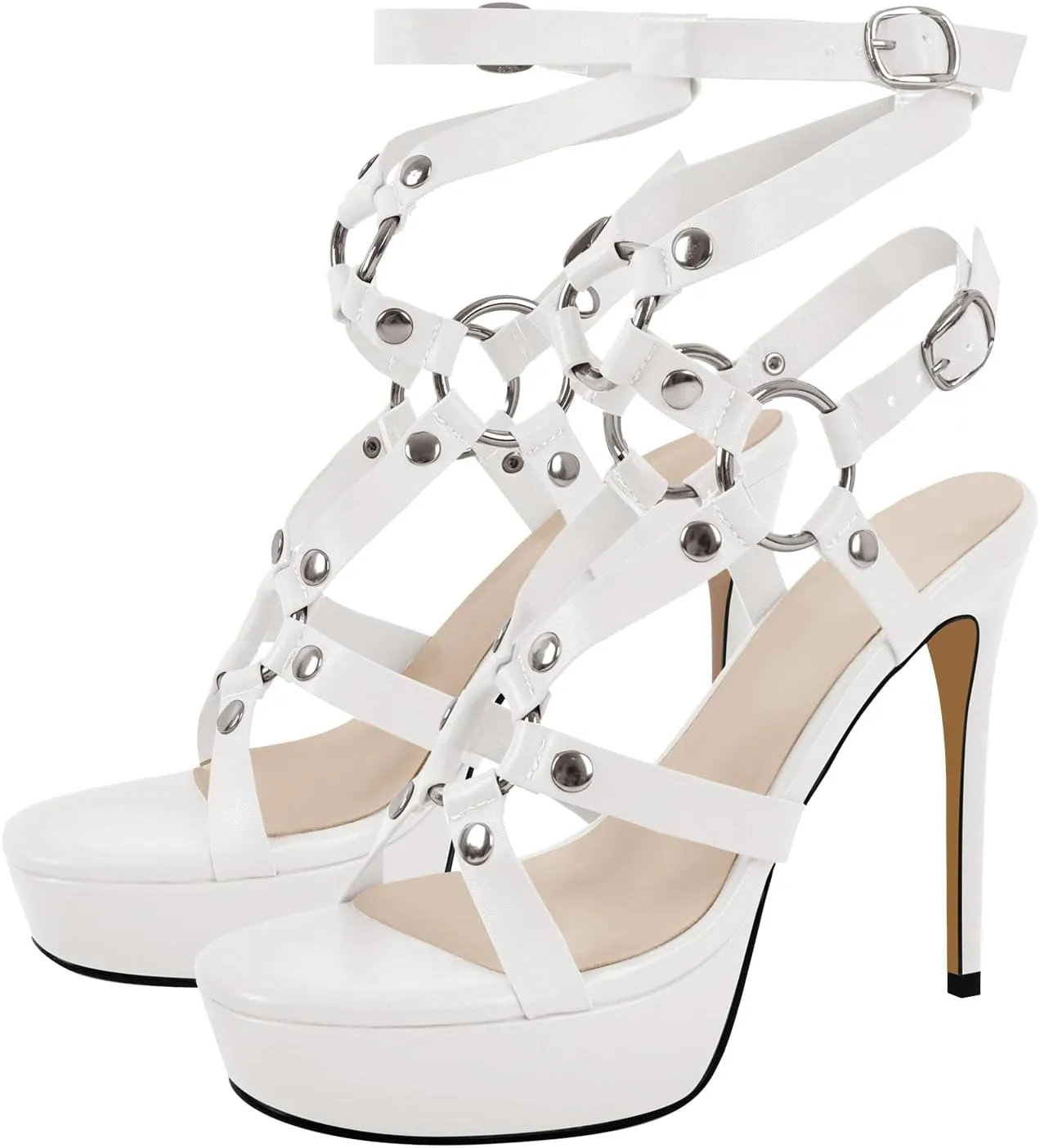 VERISSON Women's Grommets Stiletto Sandals Platform Open-back High Heels Cross Bands Open Toe Buckle-up Ankle Sandals Party Dressing