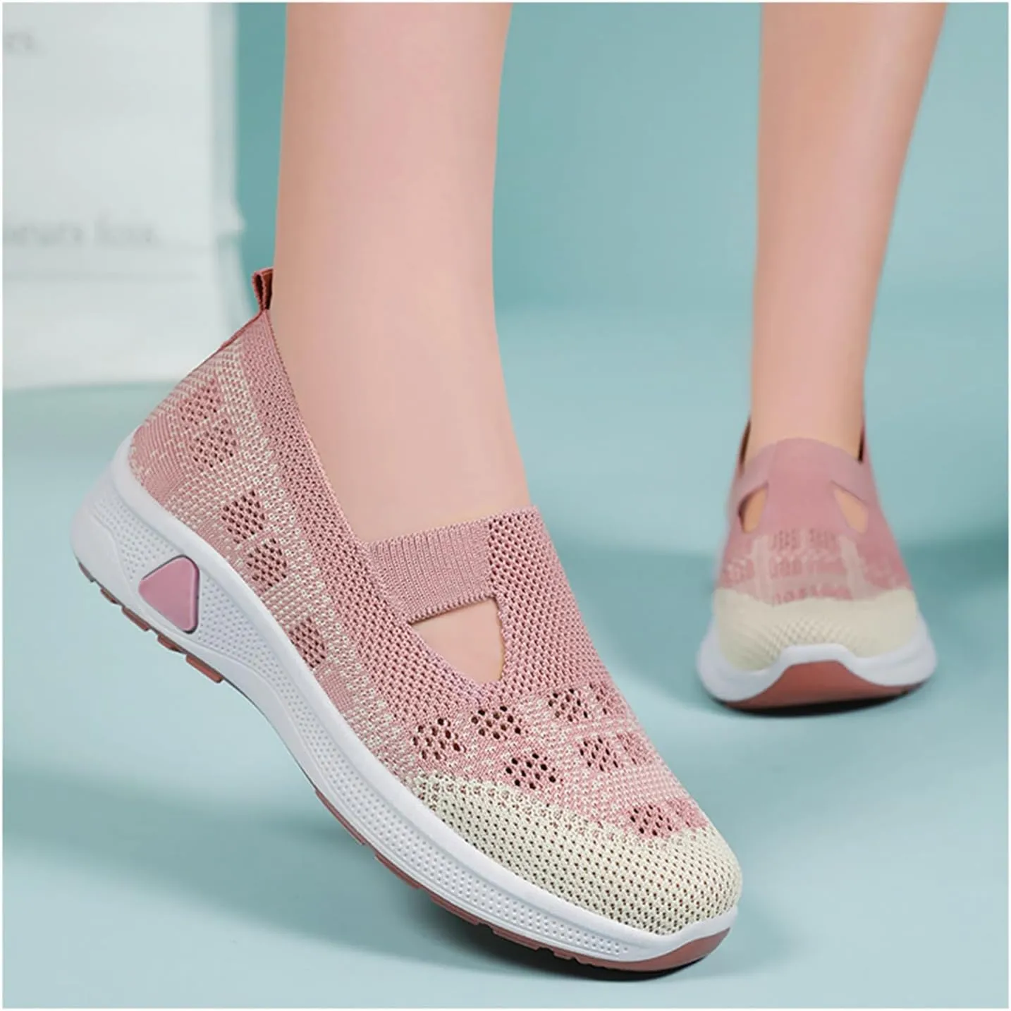 Walking Sneakers for Women Comfortable Breathable Knitted Sneakers Casual Slip on Woven Cut-Out Orthopedic Soft Arch Support Shoes Lightweight Knit Loafer