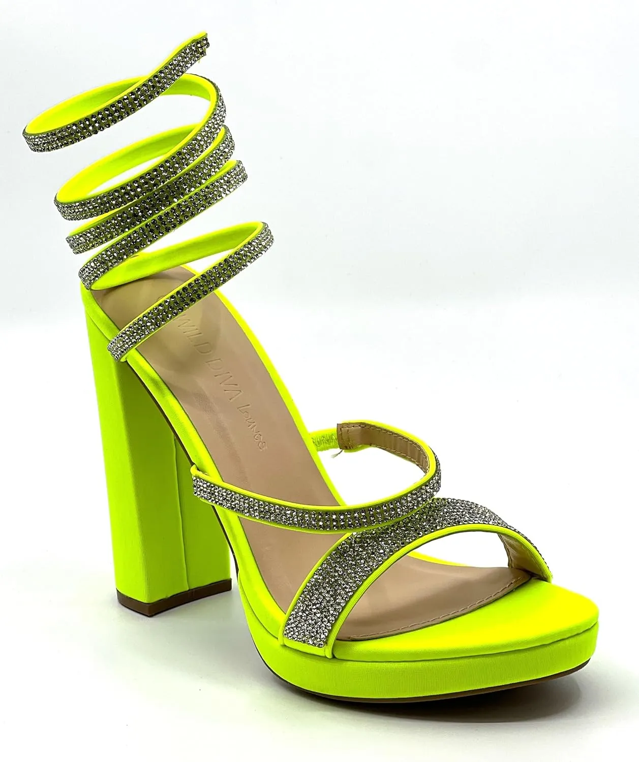 Wild Diva Women's Rhinestone Spiral Ankle Wrap Strap High Chunky Block Heels - MORRIN-65