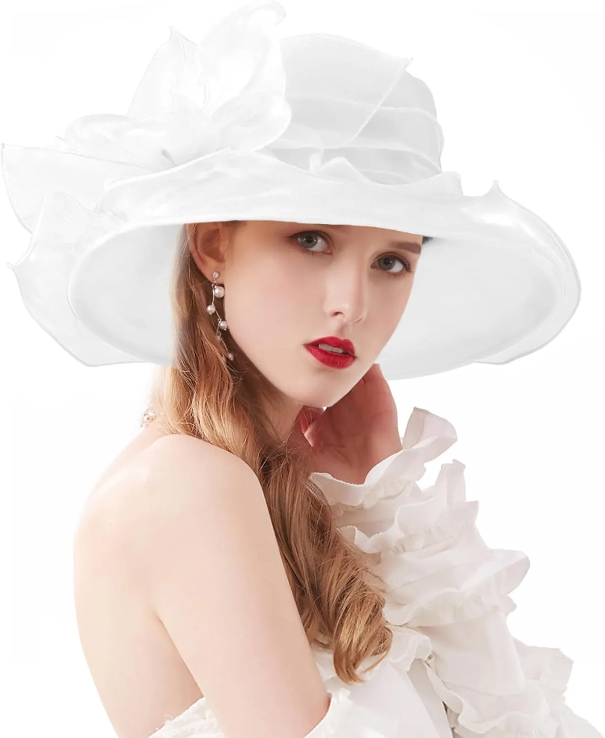 Women Derby Fascinator Hat Organza Church Wedding Tea Party Hats Wide Brim Sun Hat