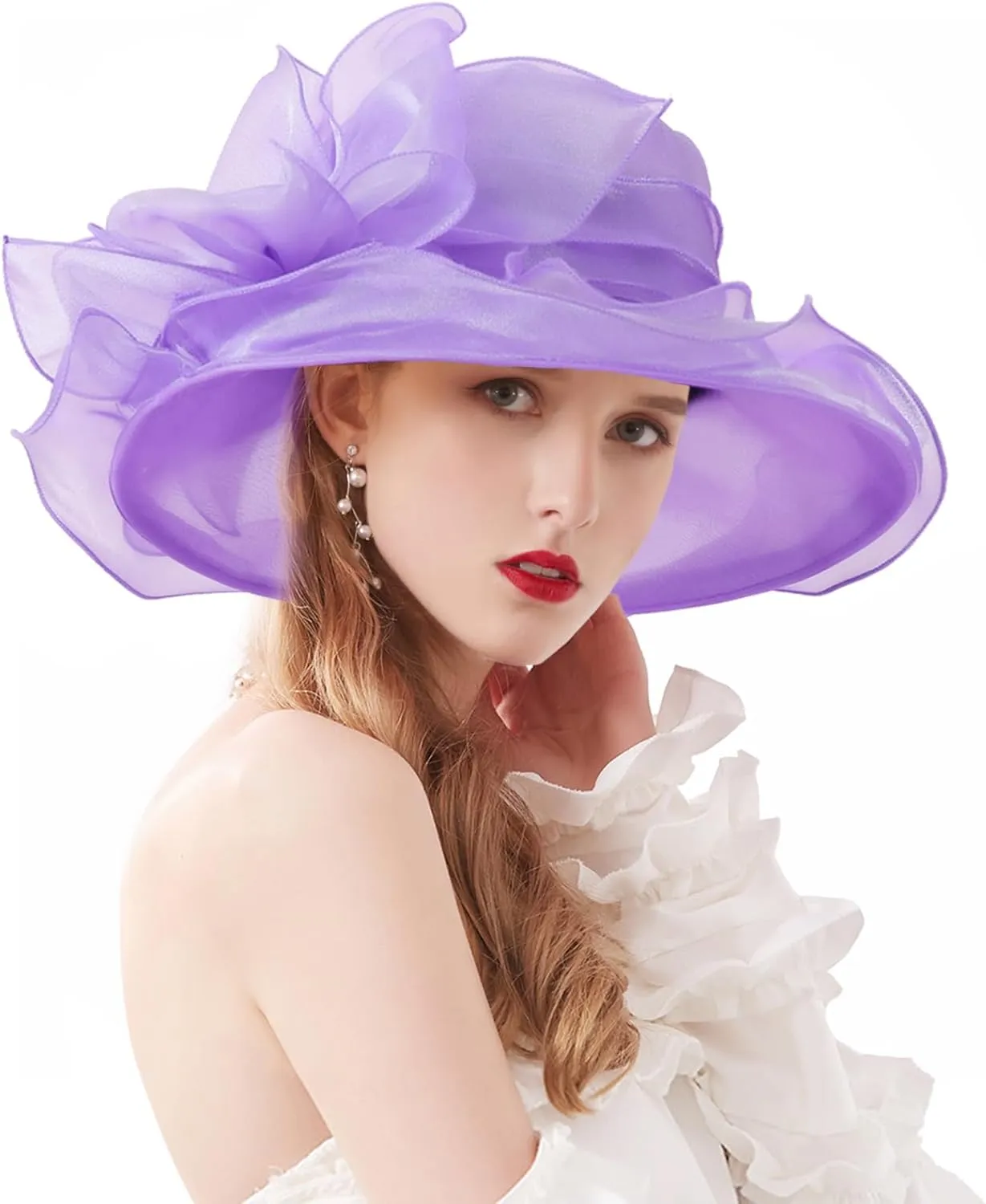 Women Derby Fascinator Hat Organza Church Wedding Tea Party Hats Wide Brim Sun Hat