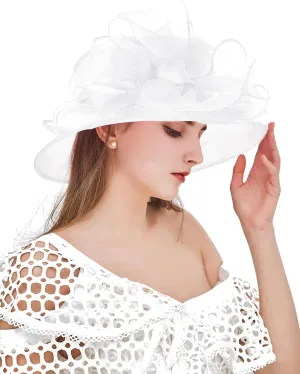 Women Derby Fascinator Hat Organza Church Wedding Tea Party Hats Wide Brim Sun Hat
