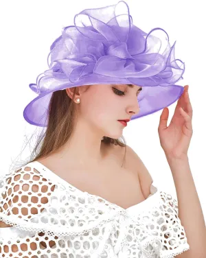 Women Derby Fascinator Hat Organza Church Wedding Tea Party Hats Wide Brim Sun Hat
