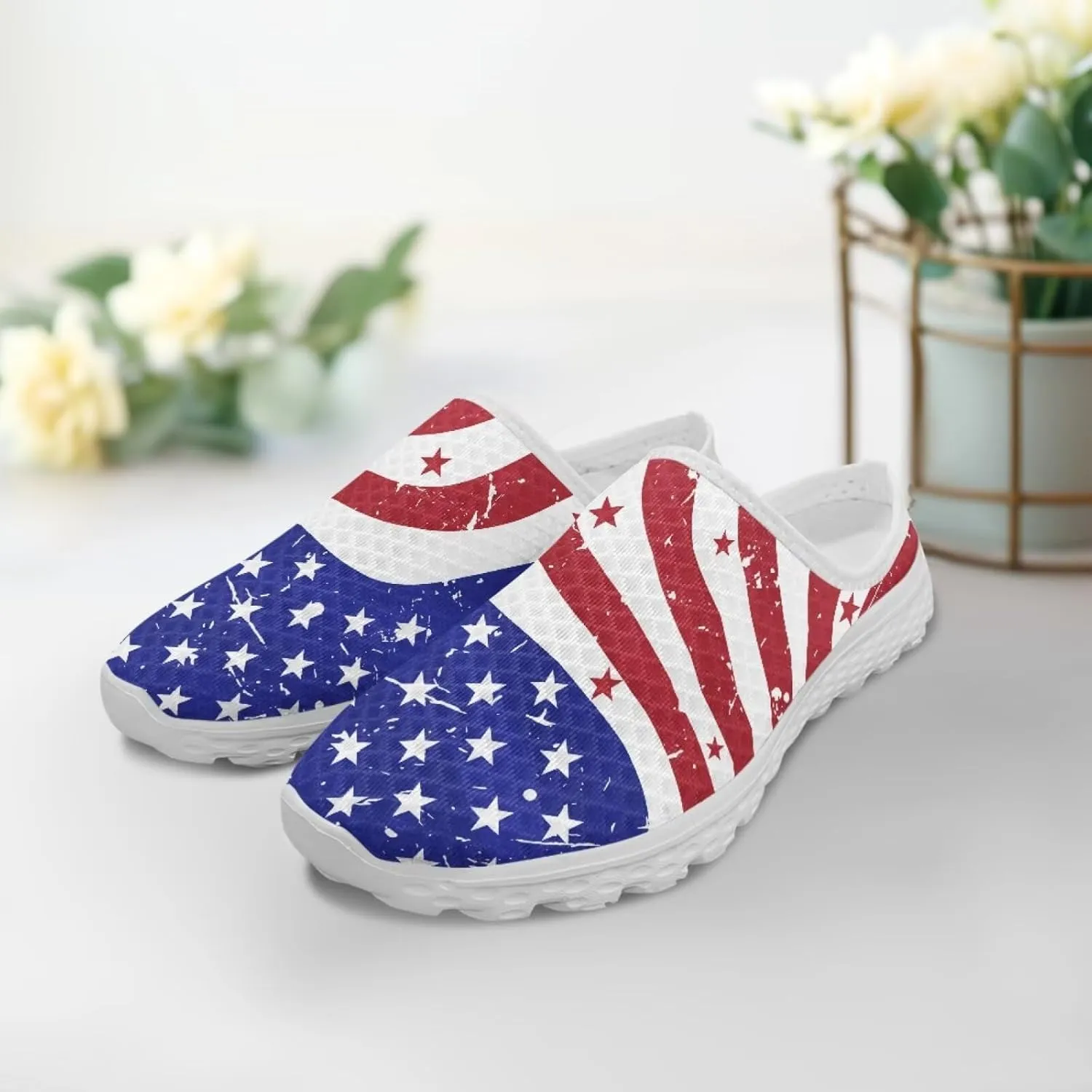 Womens Backless Shoes Flags Print Walking Mules Slip-on Closed Toe Slippers Breathable Mesh Sneakers