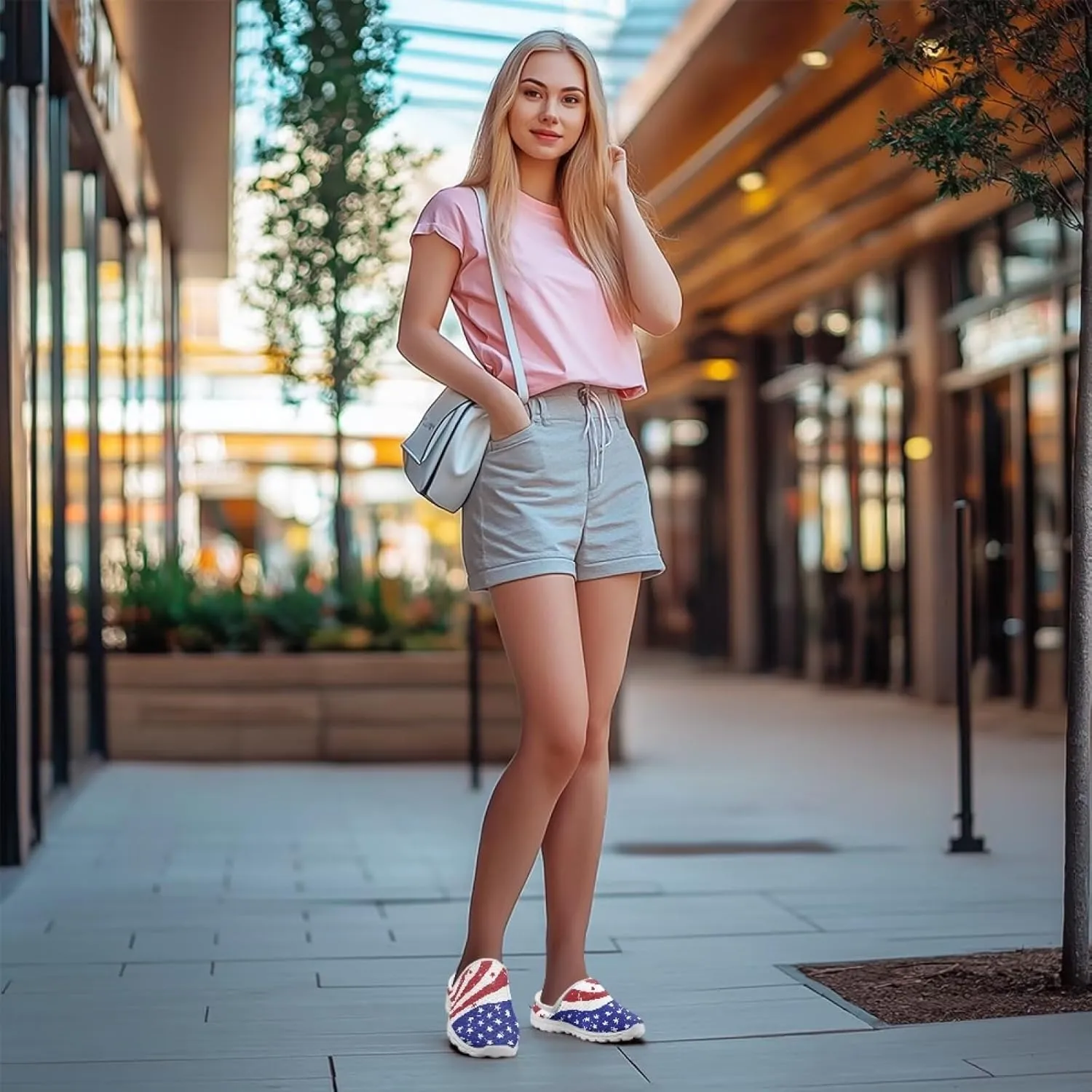Womens Backless Shoes Flags Print Walking Mules Slip-on Closed Toe Slippers Breathable Mesh Sneakers