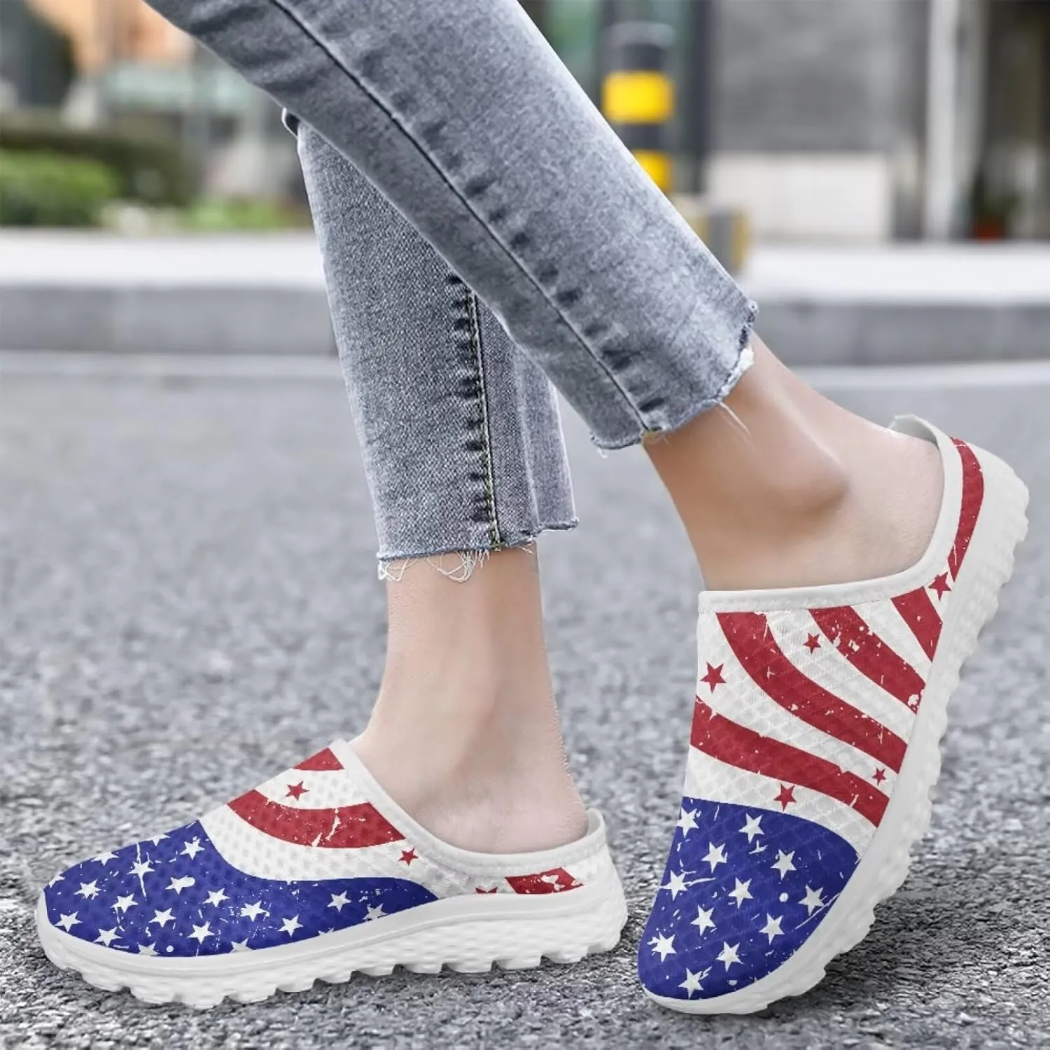 Womens Backless Shoes Flags Print Walking Mules Slip-on Closed Toe Slippers Breathable Mesh Sneakers