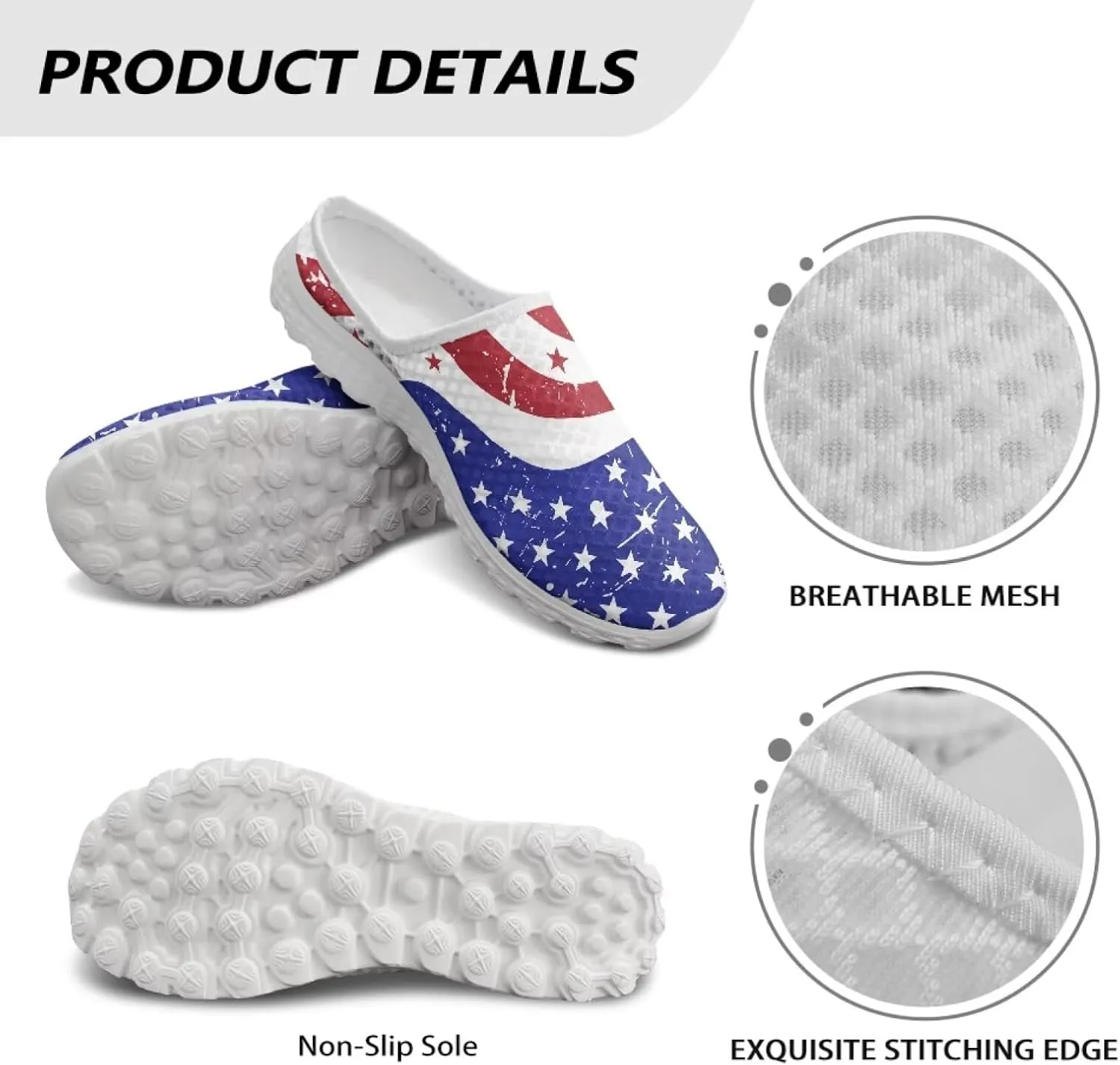Womens Backless Shoes Flags Print Walking Mules Slip-on Closed Toe Slippers Breathable Mesh Sneakers