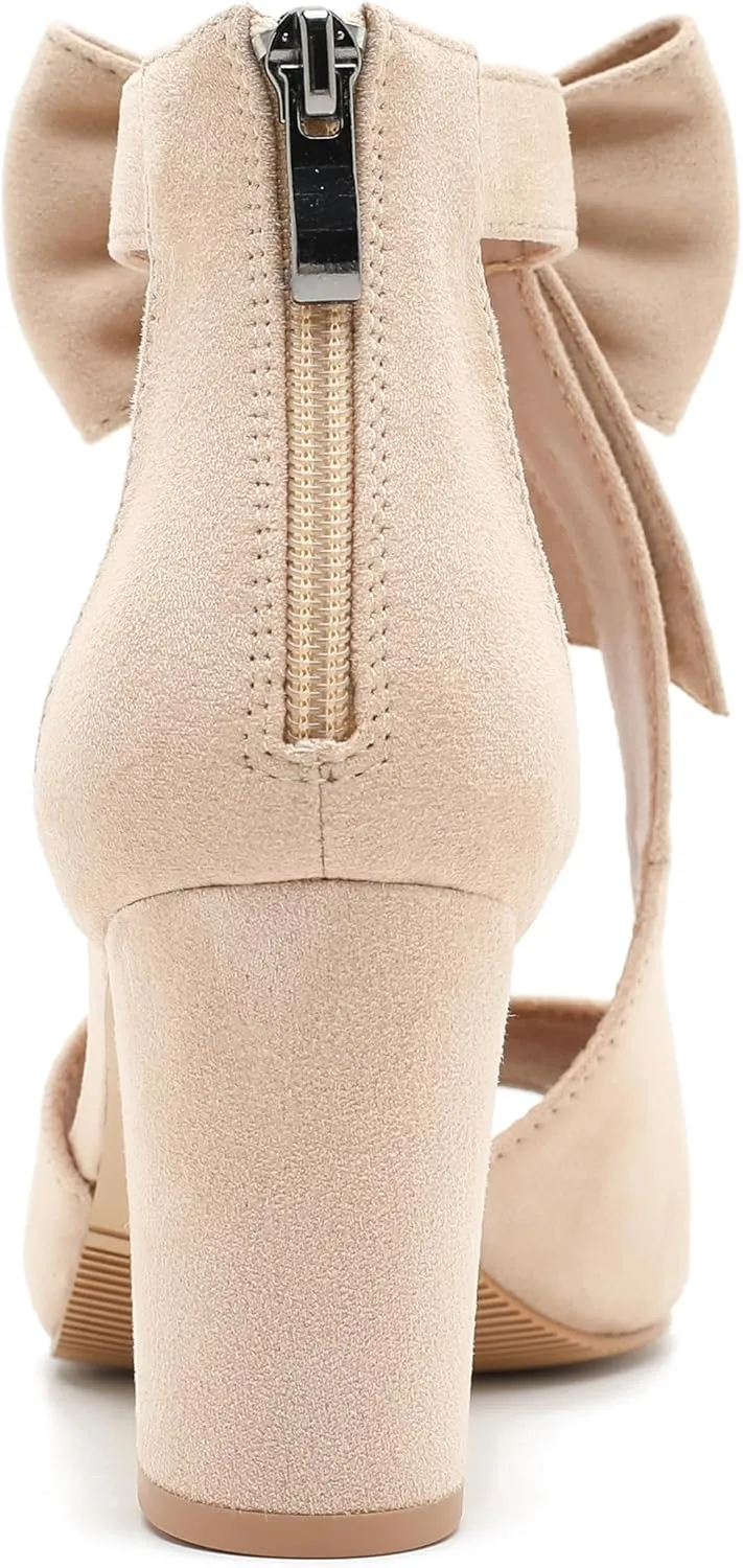 Women's Bows Strappy Sandals Open Toe Chunky High Heels Sandals Ankle Strap Dressy Pumps Back Zip Cutout Heeled Summer Party Sandals