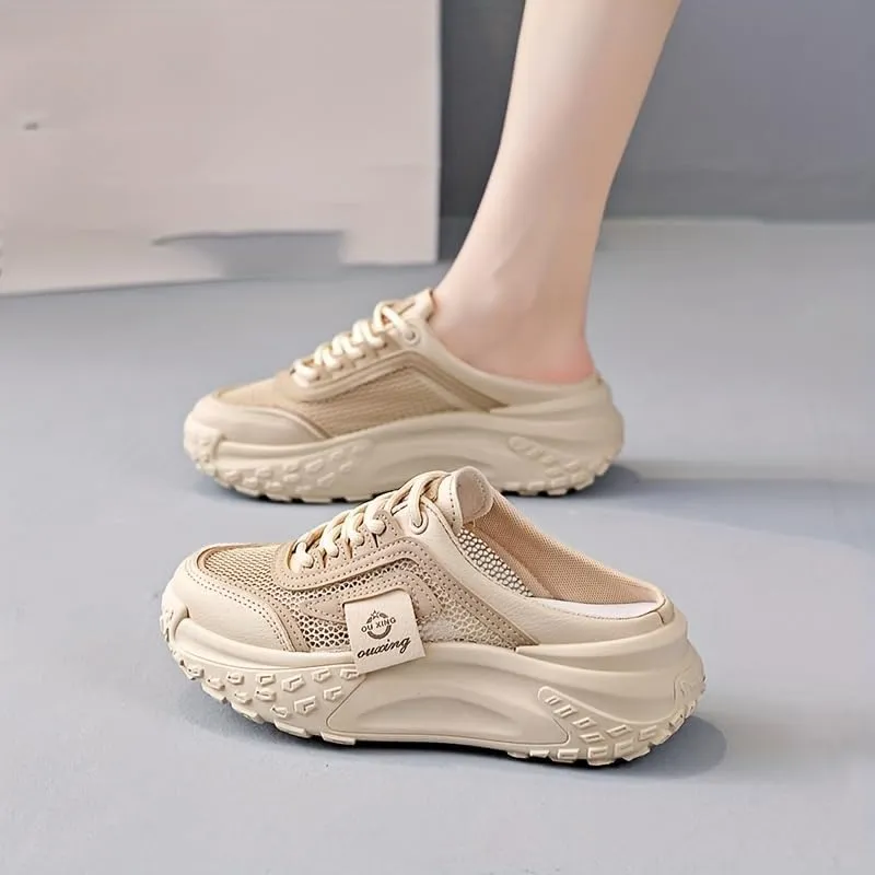 Women's Casual Mules, Breathable Mesh Slip-On Sneakers with Thick Sole, Fabric Lining and TPR Sole, Versatile Solid Color Design for All Seasons