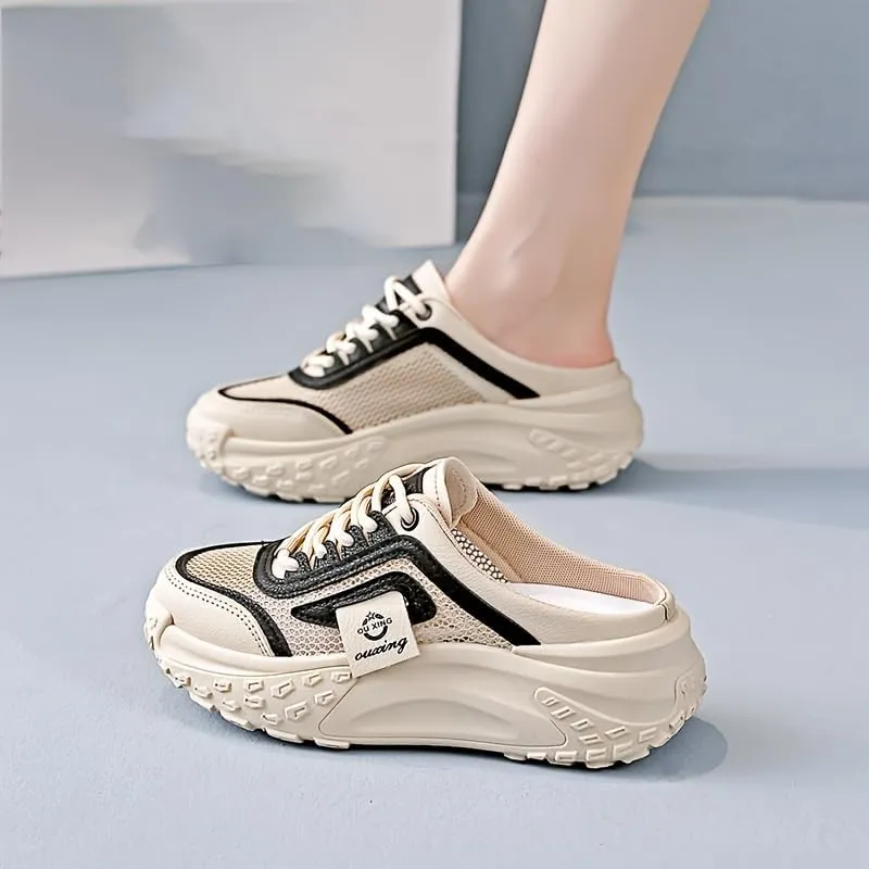 Women's Casual Mules, Breathable Mesh Slip-On Sneakers with Thick Sole, Fabric Lining and TPR Sole, Versatile Solid Color Design for All Seasons
