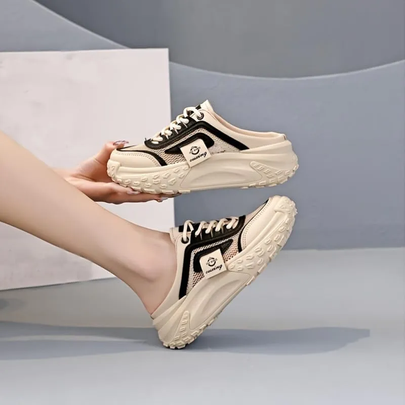 Women's Casual Mules, Breathable Mesh Slip-On Sneakers with Thick Sole, Fabric Lining and TPR Sole, Versatile Solid Color Design for All Seasons