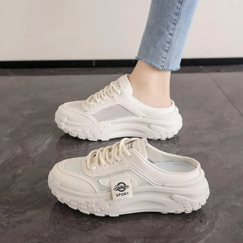 Women's Casual Mules, Breathable Mesh Slip-On Sneakers with Thick Sole, Fabric Lining and TPR Sole, Versatile Solid Color Design for All Seasons