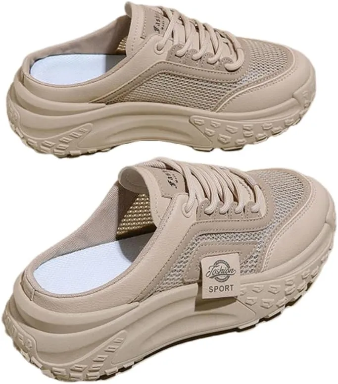 Women's Casual Mules, Breathable Mesh Slip-On Sneakers with Thick Sole, Fabric Lining and TPR Sole, Versatile Solid Color Design for All Seasons