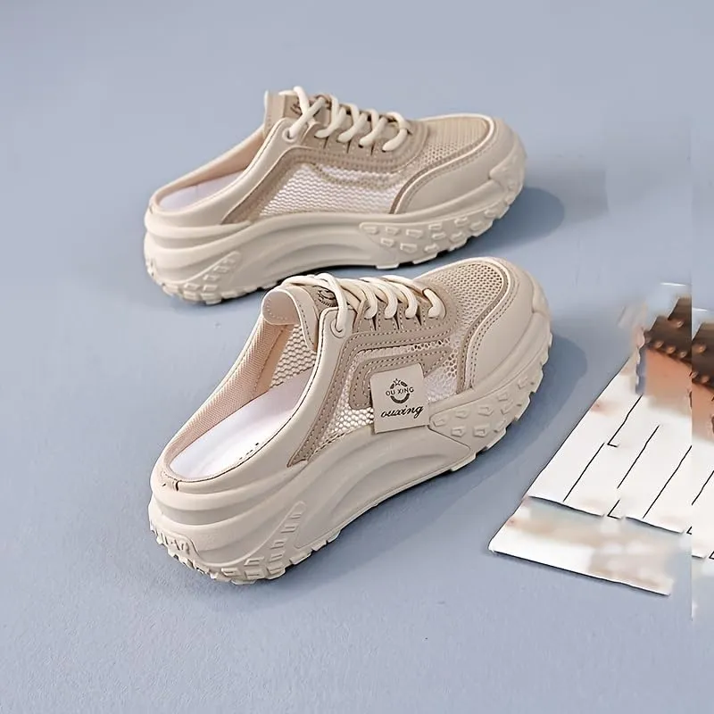Women's Casual Mules, Breathable Mesh Slip-On Sneakers with Thick Sole, Fabric Lining and TPR Sole, Versatile Solid Color Design for All Seasons