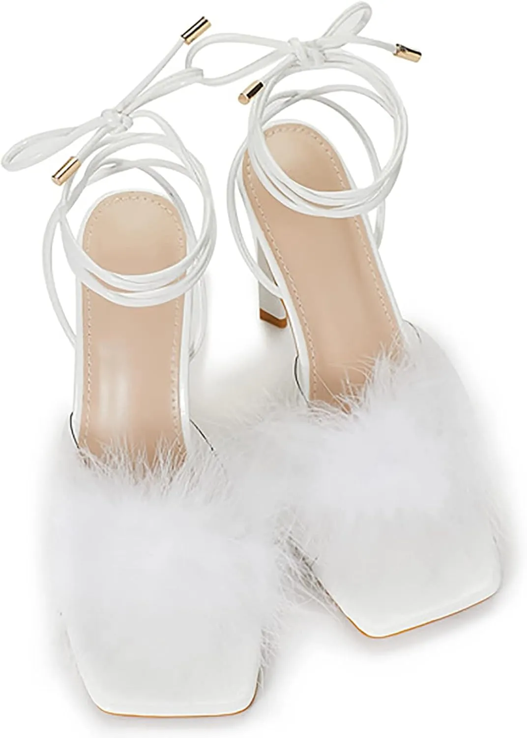 Women's Fluffy Feather Heels Sandals Open Square Toe High Heels Summer Stiletto Shoes for Women Dress Wedding Party Pumps