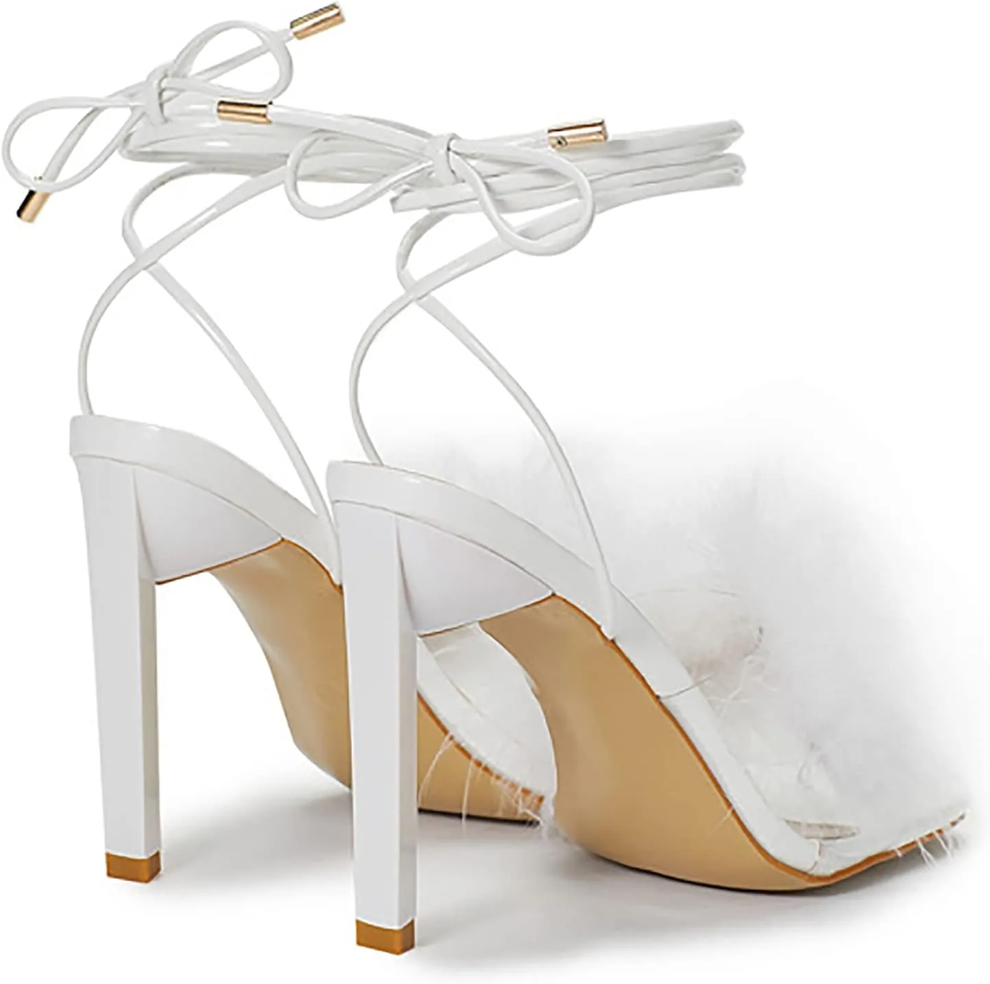 Women's Fluffy Feather Heels Sandals Open Square Toe High Heels Summer Stiletto Shoes for Women Dress Wedding Party Pumps