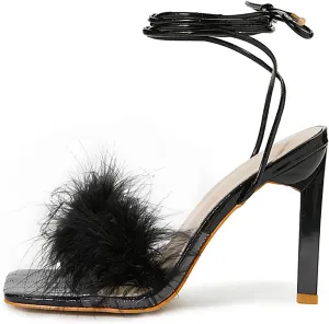 Women's Fluffy Feather Heels Sandals Open Square Toe High Heels Summer Stiletto Shoes for Women Dress Wedding Party Pumps