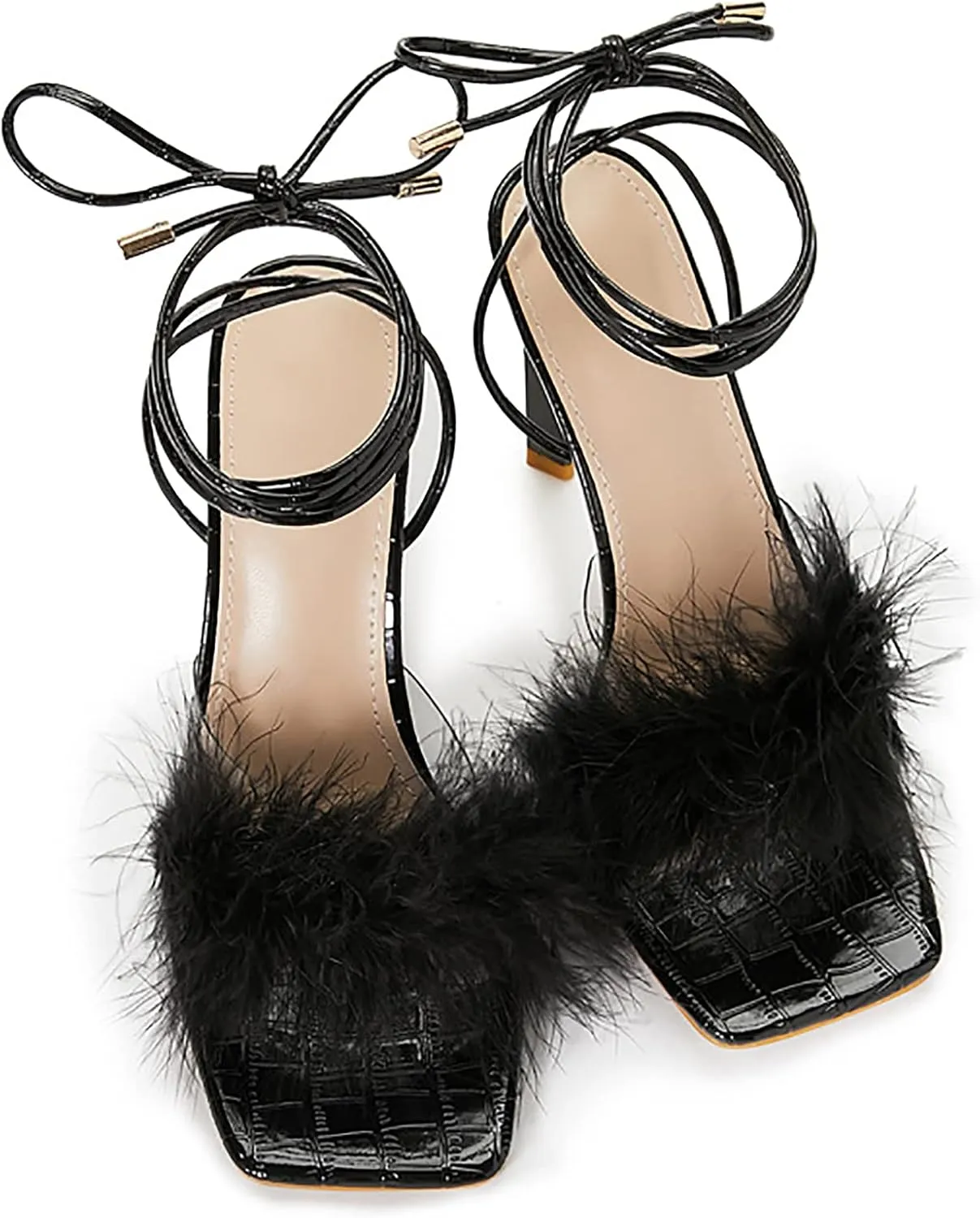 Women's Fluffy Feather Heels Sandals Open Square Toe High Heels Summer Stiletto Shoes for Women Dress Wedding Party Pumps
