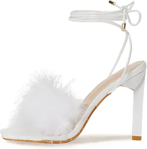 Women's Fluffy Feather Heels Sandals Open Square Toe High Heels Summer Stiletto Shoes for Women Dress Wedding Party Pumps