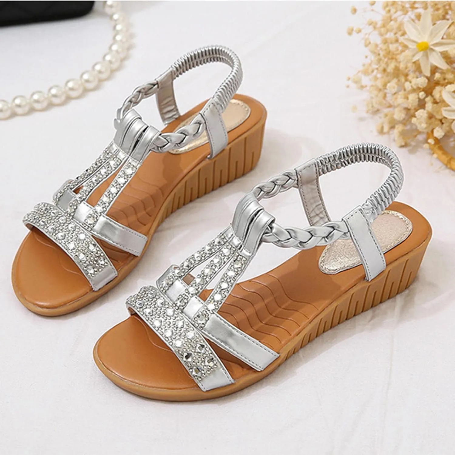 Women's Gothic Rhinestone Embellished Sandals Stretch Ankle Strap Shoe Anti-Slip Wedge Shoes Strappy Trendy High Heel