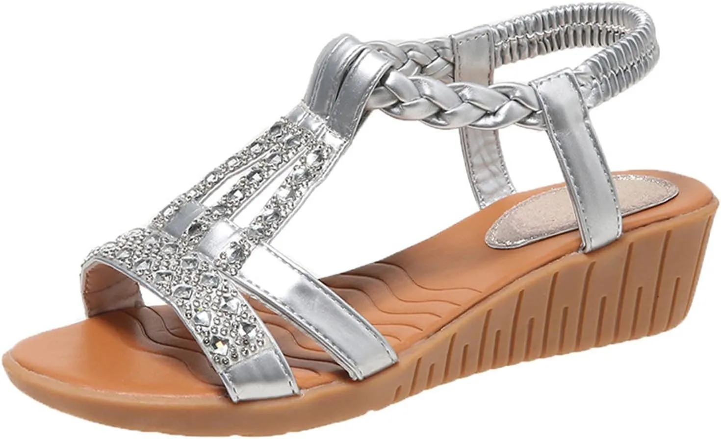 Women's Gothic Rhinestone Embellished Sandals Stretch Ankle Strap Shoe Anti-Slip Wedge Shoes Strappy Trendy High Heel