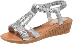 Women's Gothic Rhinestone Embellished Sandals Stretch Ankle Strap Shoe Anti-Slip Wedge Shoes Strappy Trendy High Heel