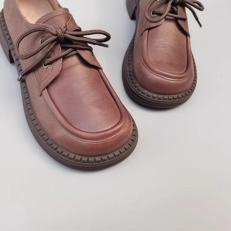 Women's Handmade Leather Casual Flat Lace Up Derby Shoes