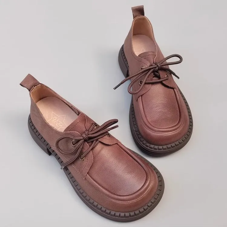 Women's Handmade Leather Casual Flat Lace Up Derby Shoes