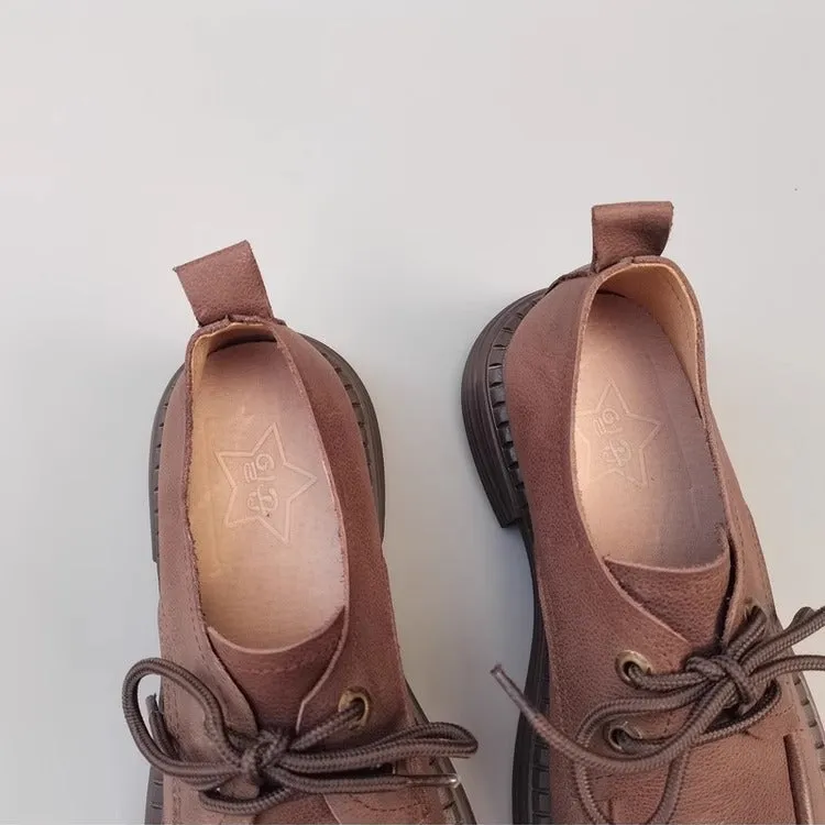Women's Handmade Leather Casual Flat Lace Up Derby Shoes