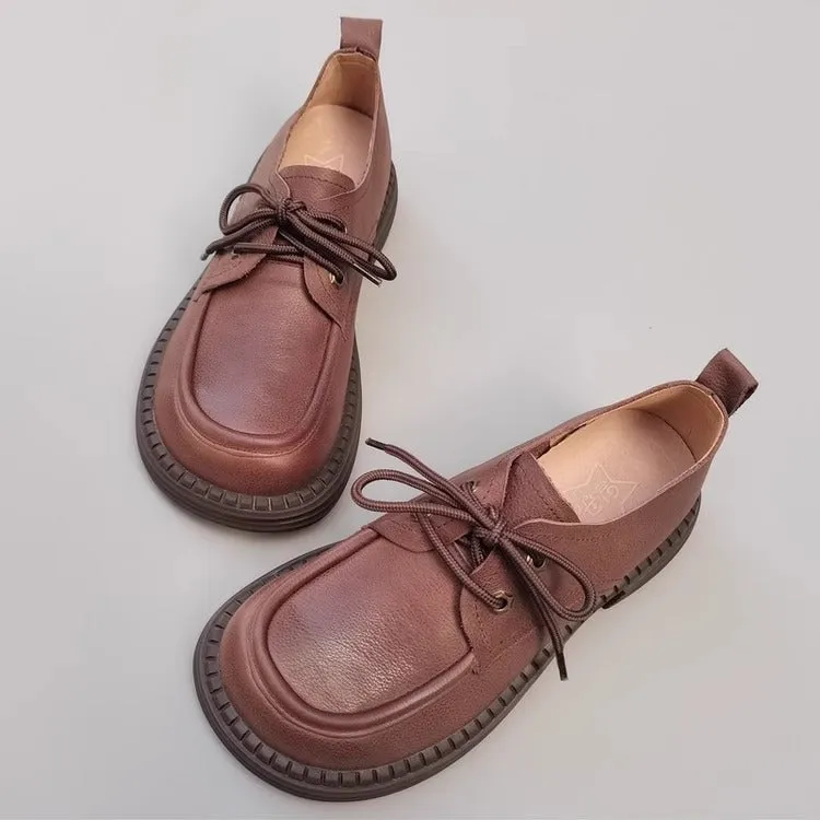 Women's Handmade Leather Casual Flat Lace Up Derby Shoes