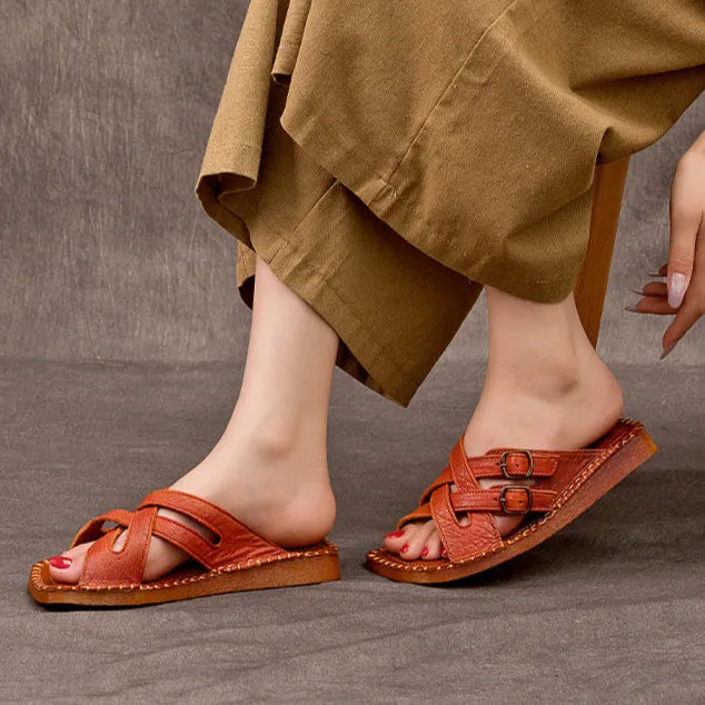 Women's Handmade Leather Vintage Cross Buckle Buckle Mule Sandals