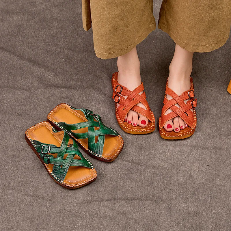 Women's Handmade Leather Vintage Cross Buckle Buckle Mule Sandals