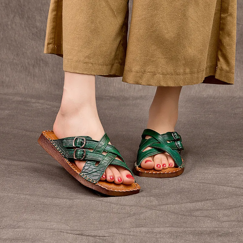 Women's Handmade Leather Vintage Cross Buckle Buckle Mule Sandals