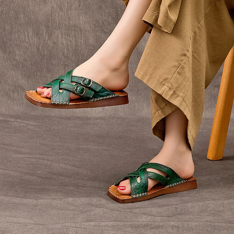 Women's Handmade Leather Vintage Cross Buckle Buckle Mule Sandals