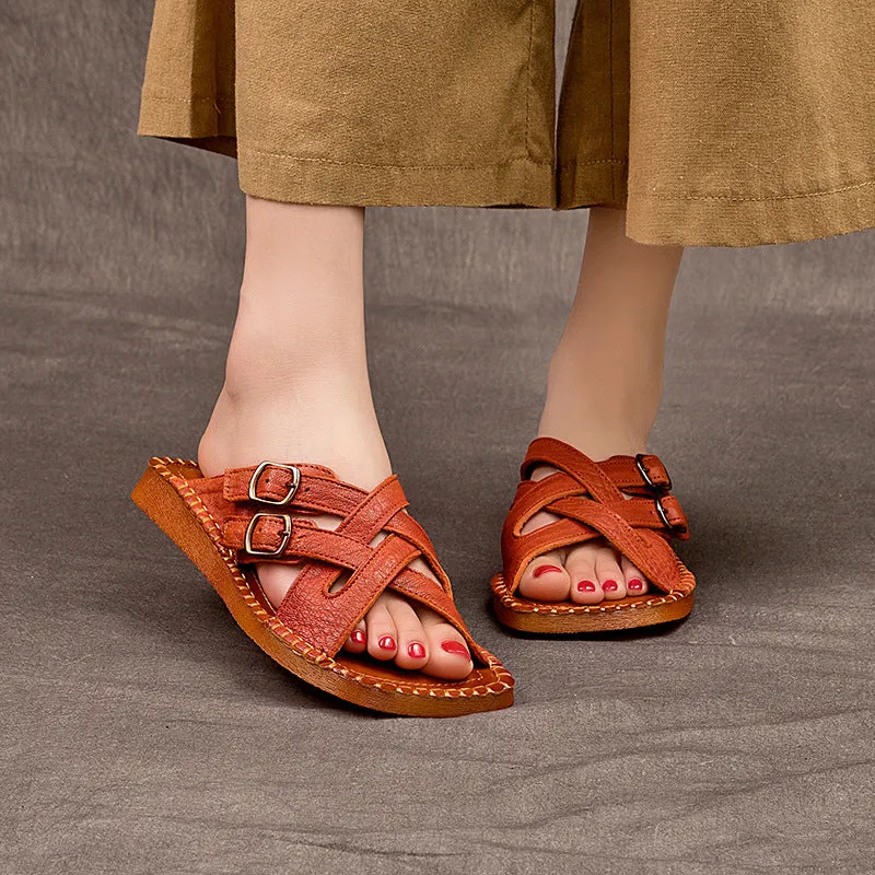 Women's Handmade Leather Vintage Cross Buckle Buckle Mule Sandals