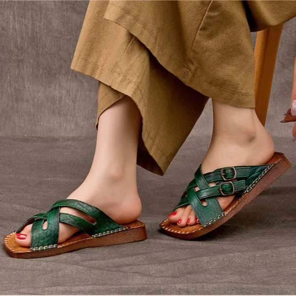 Women's Handmade Leather Vintage Cross Buckle Buckle Mule Sandals