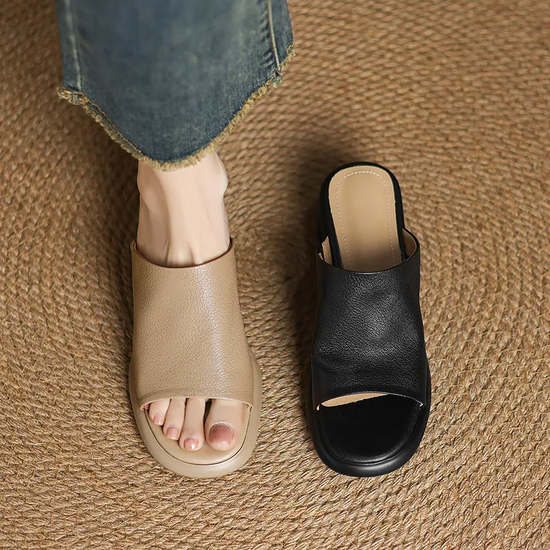 Women's Handmade Soft Sheepskin Summer Heeled Mule Slippers