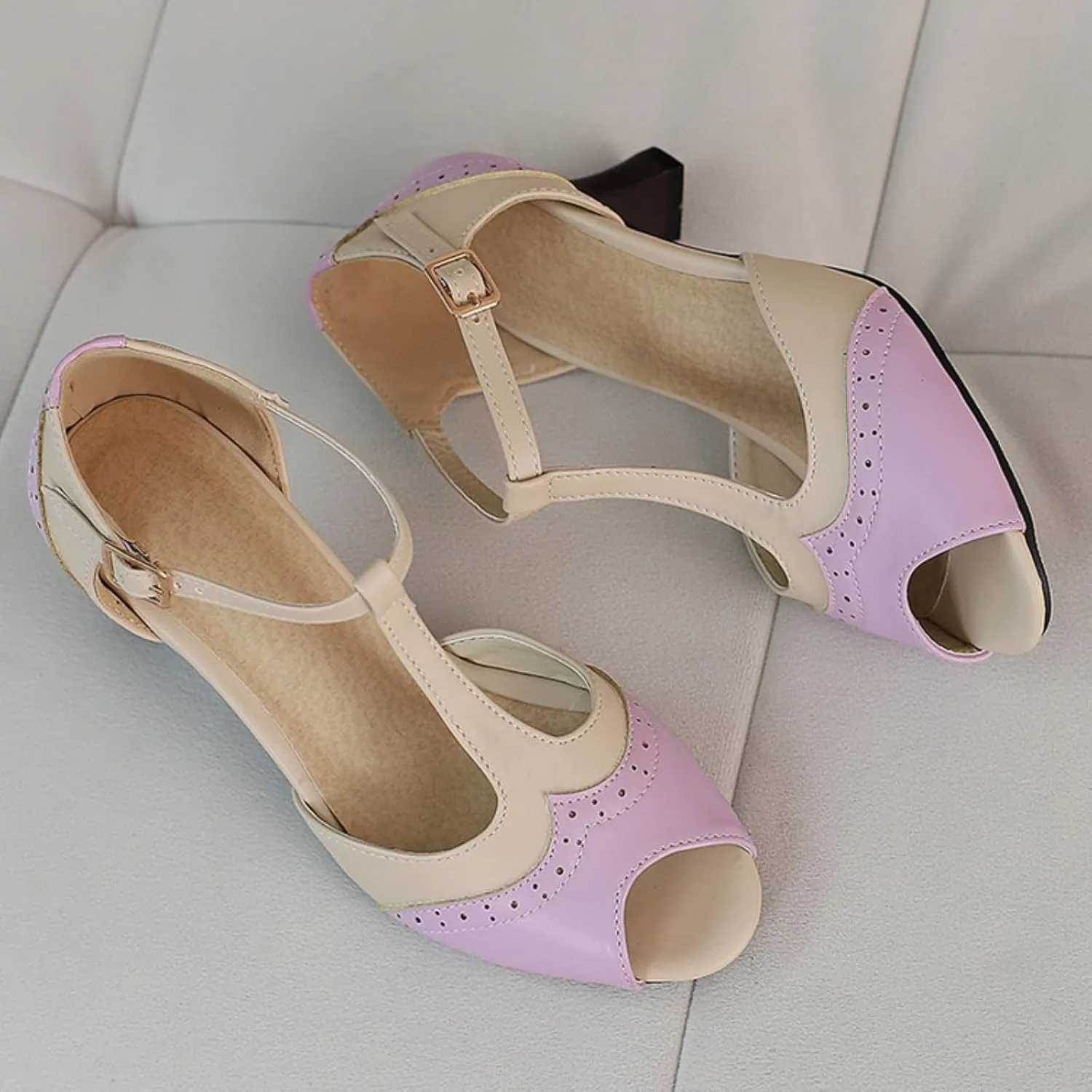 Women's Kitten Low Chunky Heel Open Peep Toe Sandals Vintage T Strap Adjustable Buckle Summer Patchwork Breathable Gladiator Roman Sandal Shoes