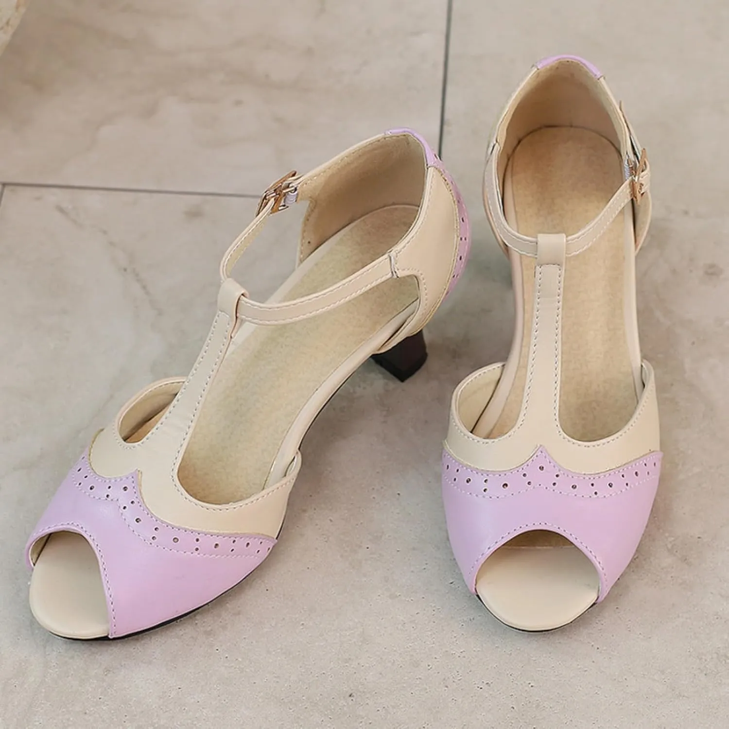Women's Kitten Low Chunky Heel Open Peep Toe Sandals Vintage T Strap Adjustable Buckle Summer Patchwork Breathable Gladiator Roman Sandal Shoes