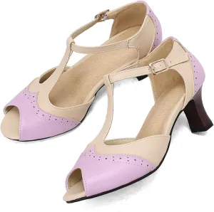 Women's Kitten Low Chunky Heel Open Peep Toe Sandals Vintage T Strap Adjustable Buckle Summer Patchwork Breathable Gladiator Roman Sandal Shoes