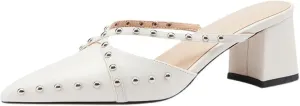 Womens Leather Rivet Closed Pointed Toe Block Heel Mules Fashion Strappy Slip-On Slingback Chunky mid Heels Slingback Sandals for Summer Business Wedding Dress Office