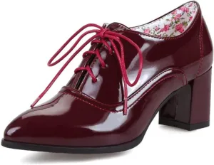 Women's Patent Leather Lace-up Oxfords Shoes Pointed Toe Chunky High Heel Flat Brogues Comfortable Vintage Wingtip Derby Saddle Pumps