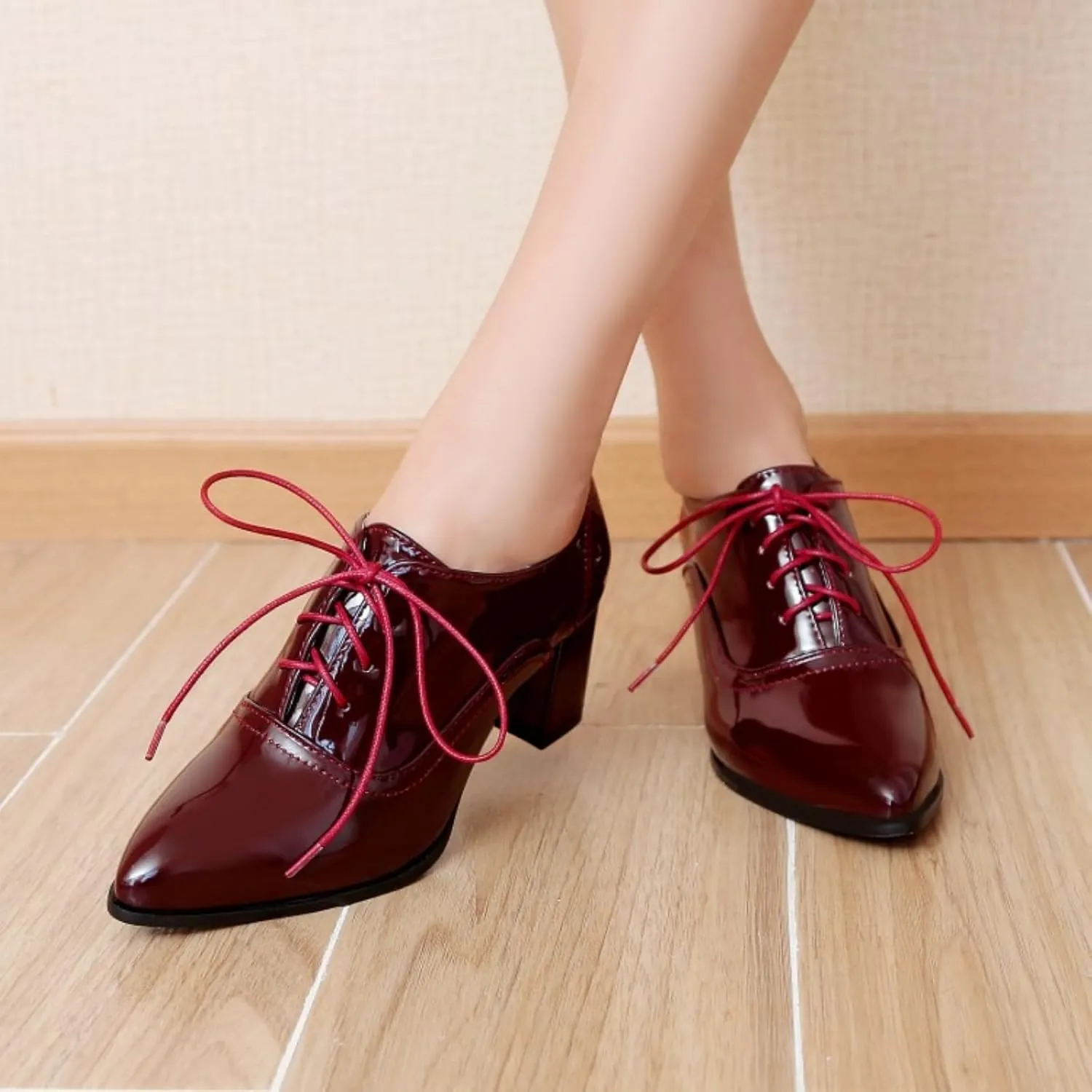 Women's Patent Leather Lace-up Oxfords Shoes Pointed Toe Chunky High Heel Flat Brogues Comfortable Vintage Wingtip Derby Saddle Pumps
