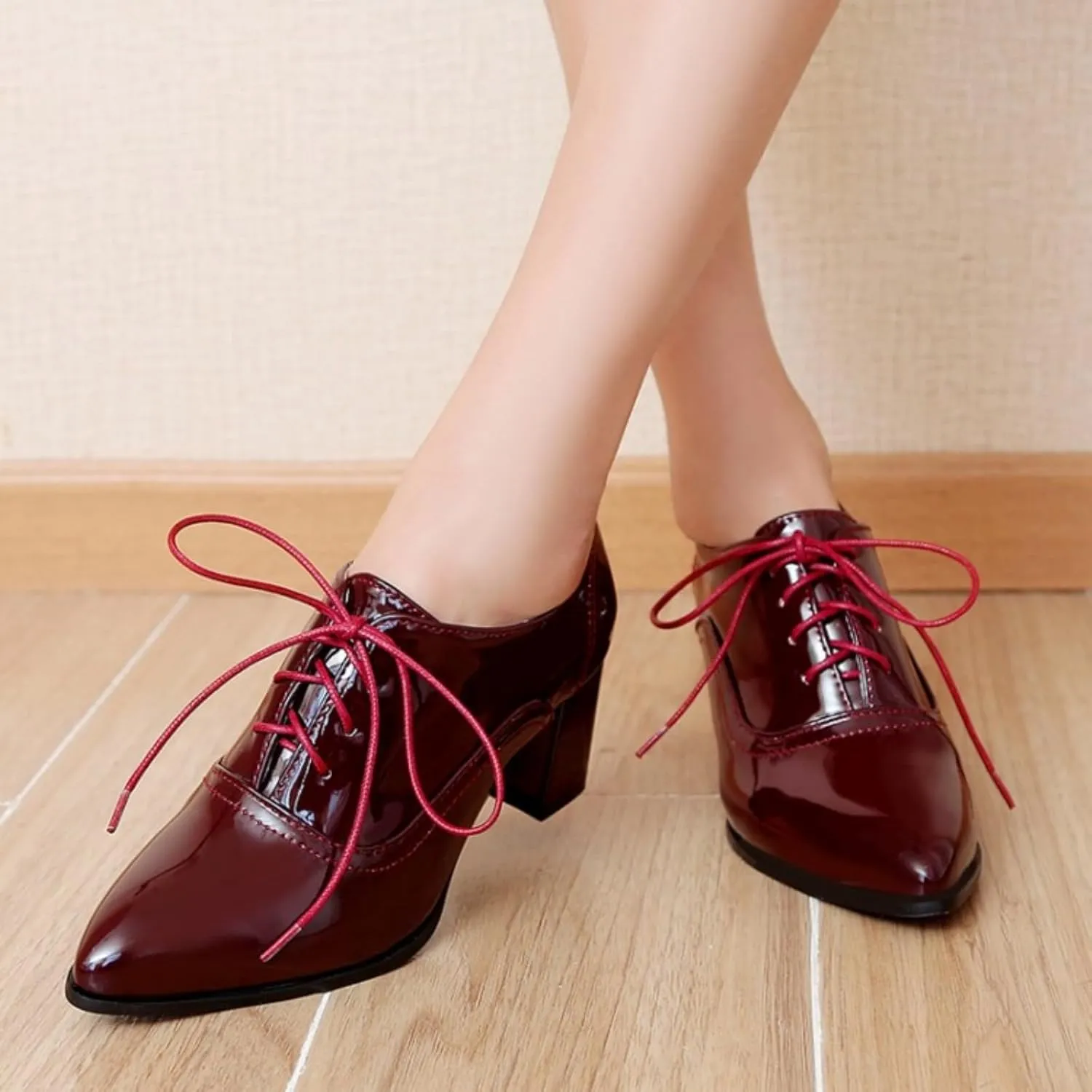Women's Patent Leather Lace-up Oxfords Shoes Pointed Toe Chunky High Heel Flat Brogues Comfortable Vintage Wingtip Derby Saddle Pumps