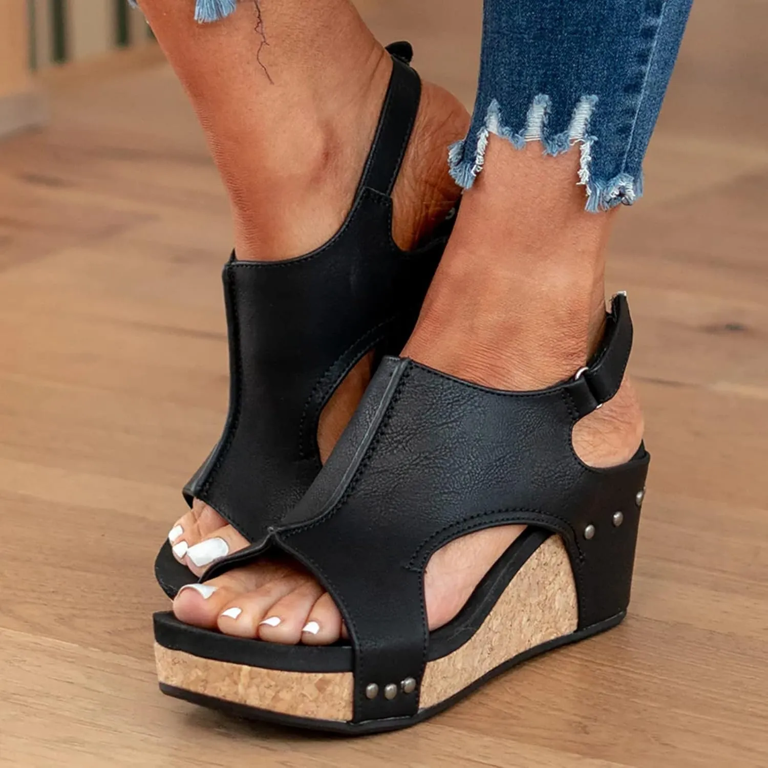Women's Platform Wedge Sandals Dressy Espadrilles Wedges Low Heel Open Toe Sasndal Leather Buckle Ankle Strap Cork Sandal Comfortable Orthopedic Sandal Walking Strappy Slip On Shoes