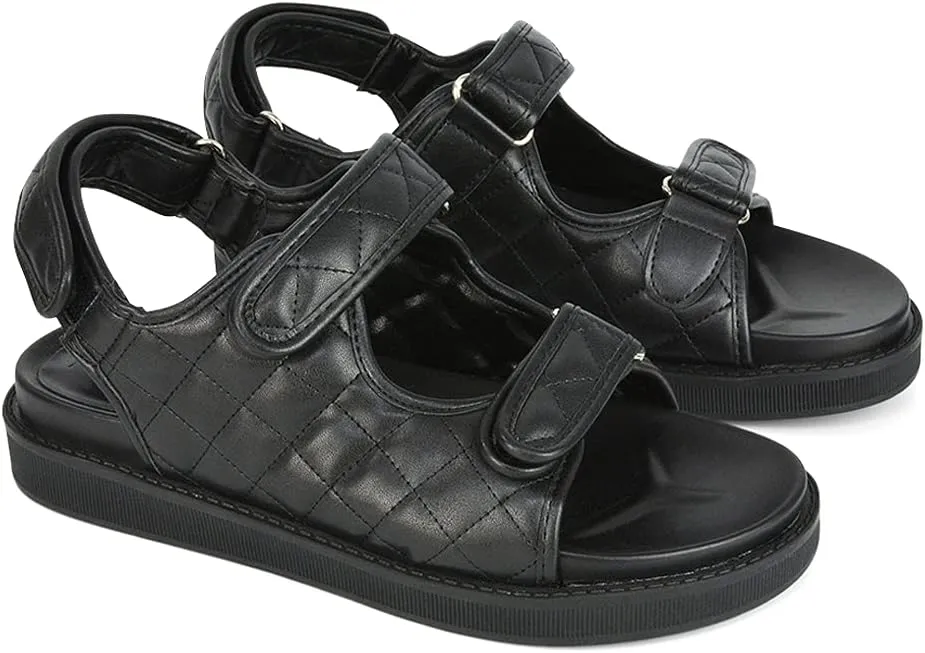 Womens Quilted Double Strap Flat Dad Sandals Ladies Flexible Sole Synthetic Leather Shoes